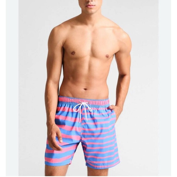 Boardies Mens L Blue Pink Stripe 6" Swim Shorts Elastic Drawstring Waist Pockets - Picture 7 of 10